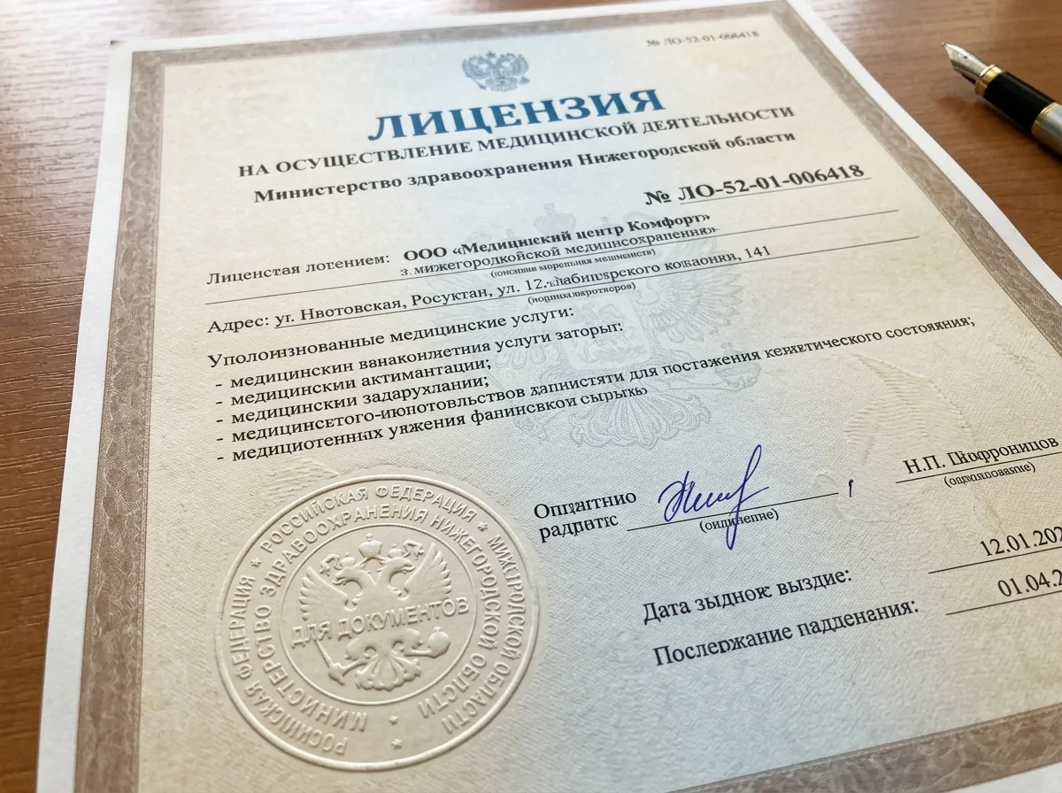 Лицензия на медицинскую деятельность № ЛО-52-01-006418 — официальный документ Министерства здравоохранения Нижегородской области, гербовая печать