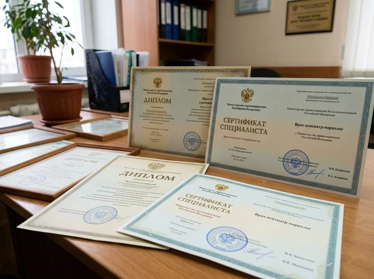 Сертификаты специалистов наркологической клиники — разложенные дипломы и свидетельства врачей с печатями учебных заведений и Минздрава РФ