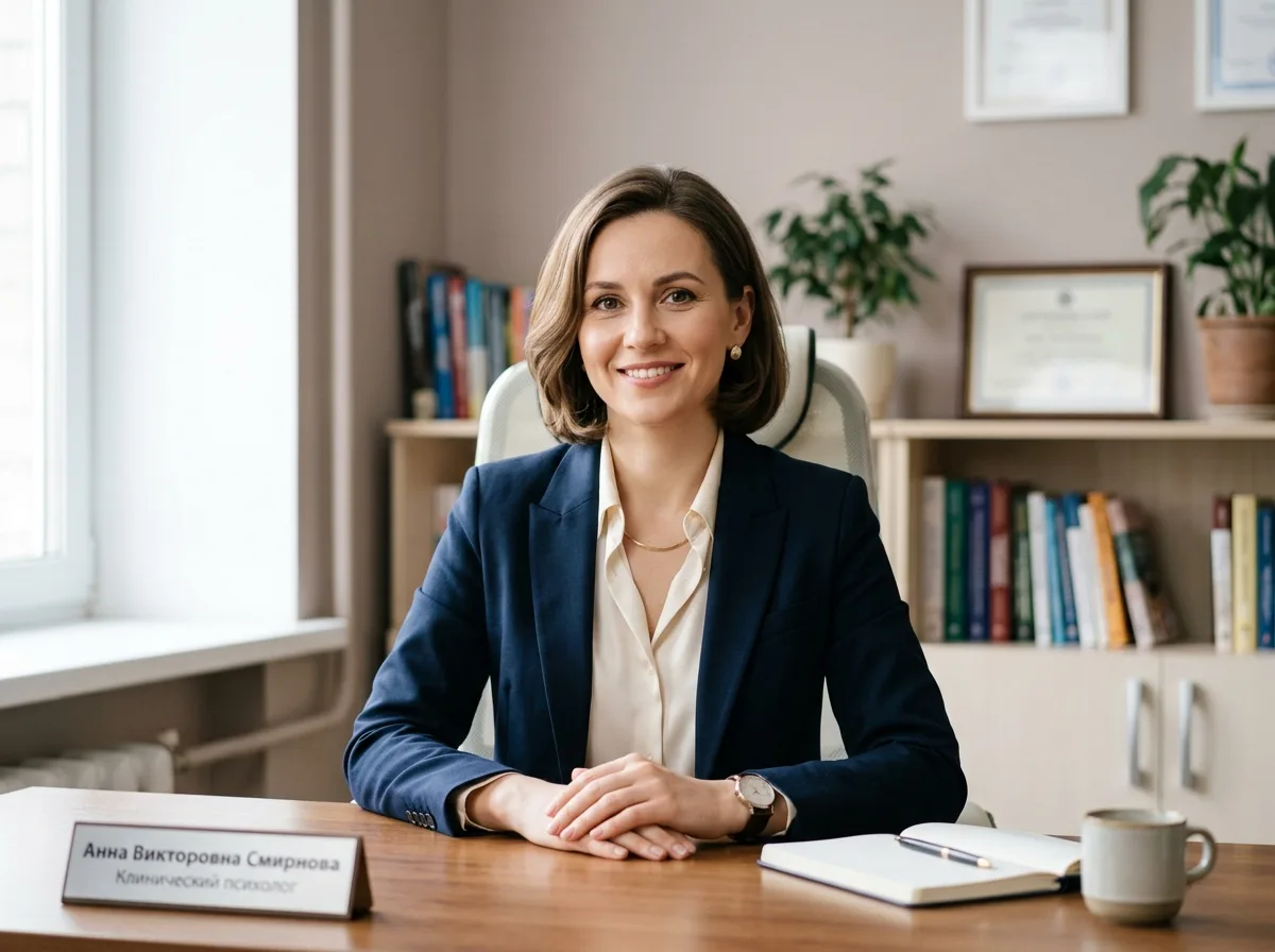 Смирнова Анна Викторовна — клинический психолог, женщина около 38 лет, деловой костюм, нейтральный светлый фон, профессиональный портрет
